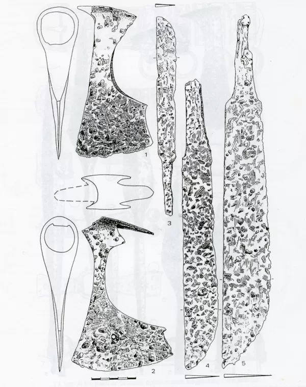 Ieroči: 1,2 - platasmens cirvji (21.k., s.a.), 3 - duncis (40.k.), 4,5 - vienasmens zobeni